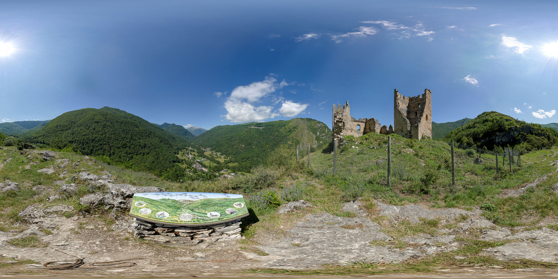 Panorama 360° des ruines du Château de Miglos dominant la vallée du Vicdessos, avec le panneau de l'AACM, Ariège